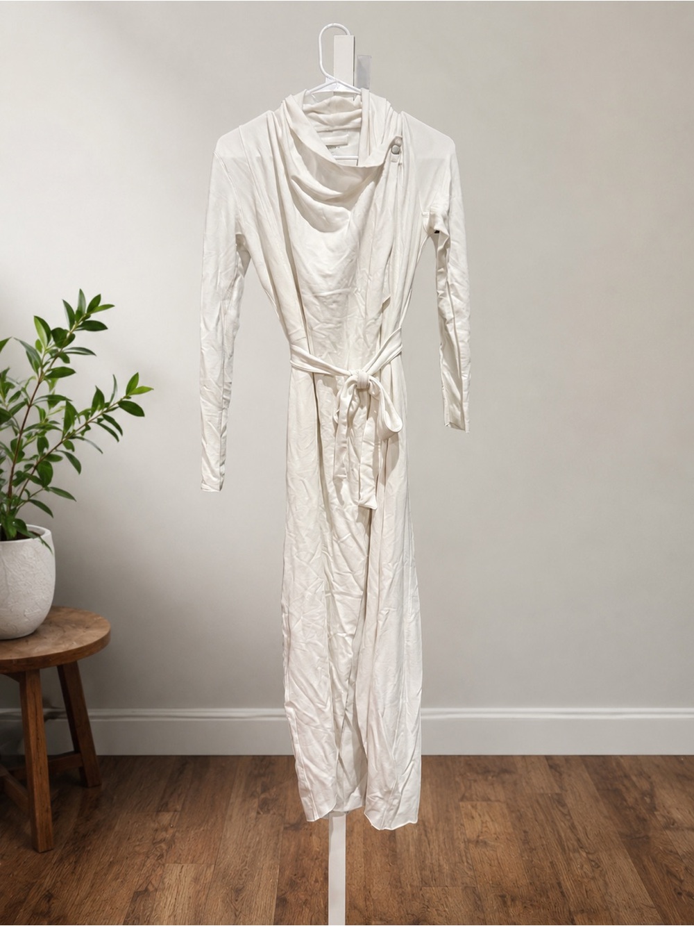 Lunya White Pima Cotton Modal Maxi Lounge Dress Cowl Neck Tie Waist XS/S